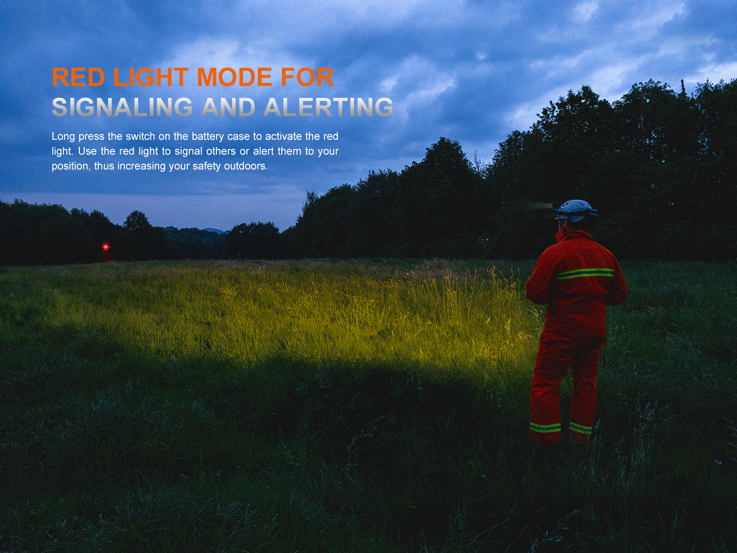 Fenix HP35R headlamp; rescuer in red suit and helmet stands in a dusk field with red signal on Tampa Home & Garden Store
