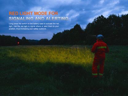 Fenix HP35R headlamp; rescuer in red suit and helmet stands in a dusk field with red signal on Tampa Home & Garden Store