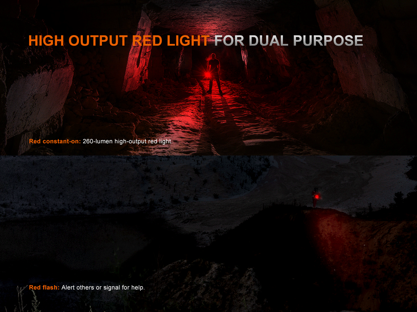 Fenix LR35R PRO handheld searchlight with red beam in dark cave, 260-lumen red light on Tampa Home & Garden Store