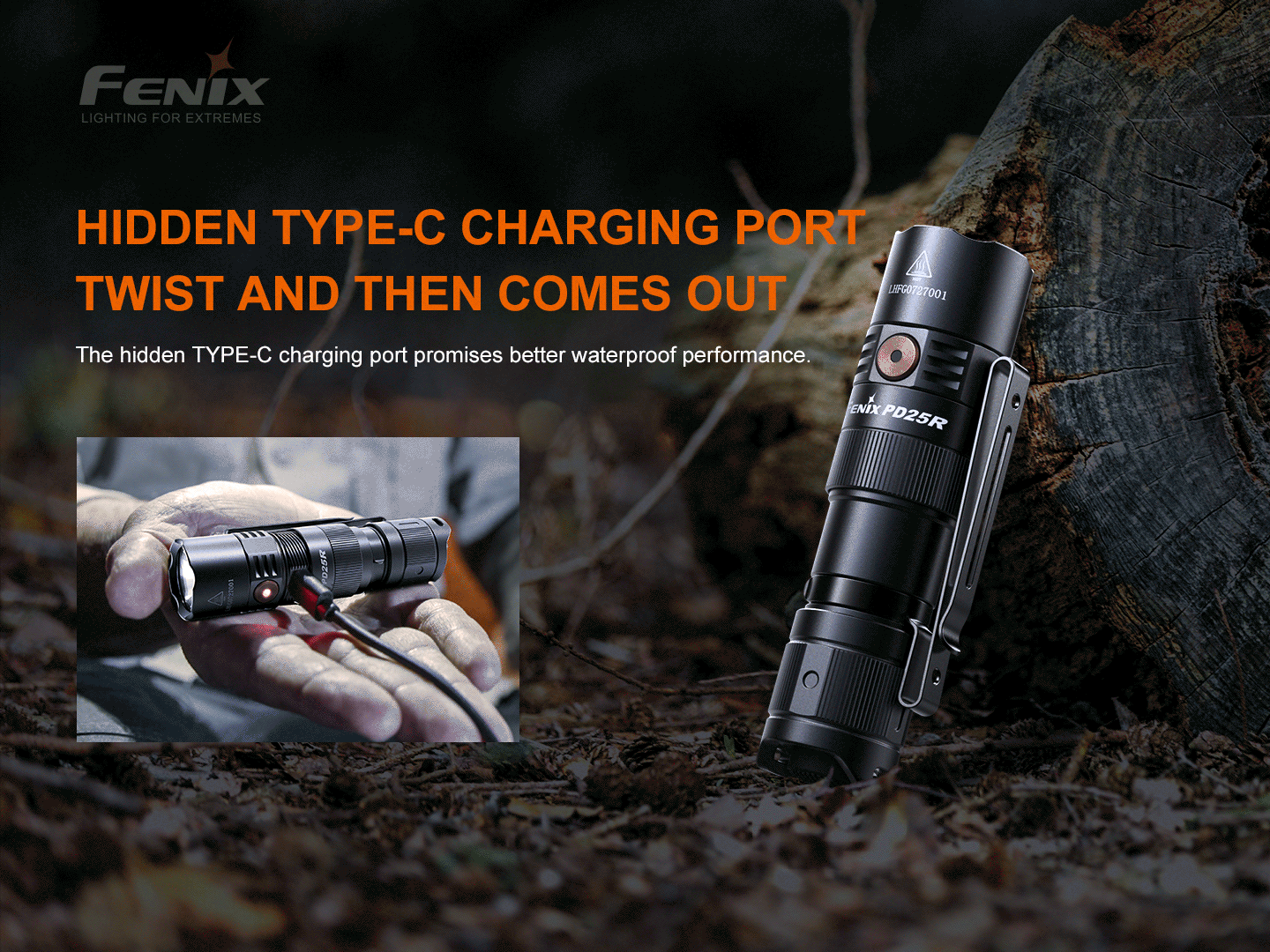 Fenix PD25R rechargeable LED flashlight in black with pocket clip, outdoor scene by Fenix Store on Tampa Home & Garden Store