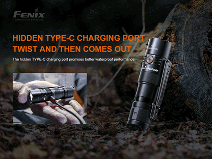 Fenix PD25R rechargeable LED flashlight in black with pocket clip, outdoor scene by Fenix Store on Tampa Home & Garden Store