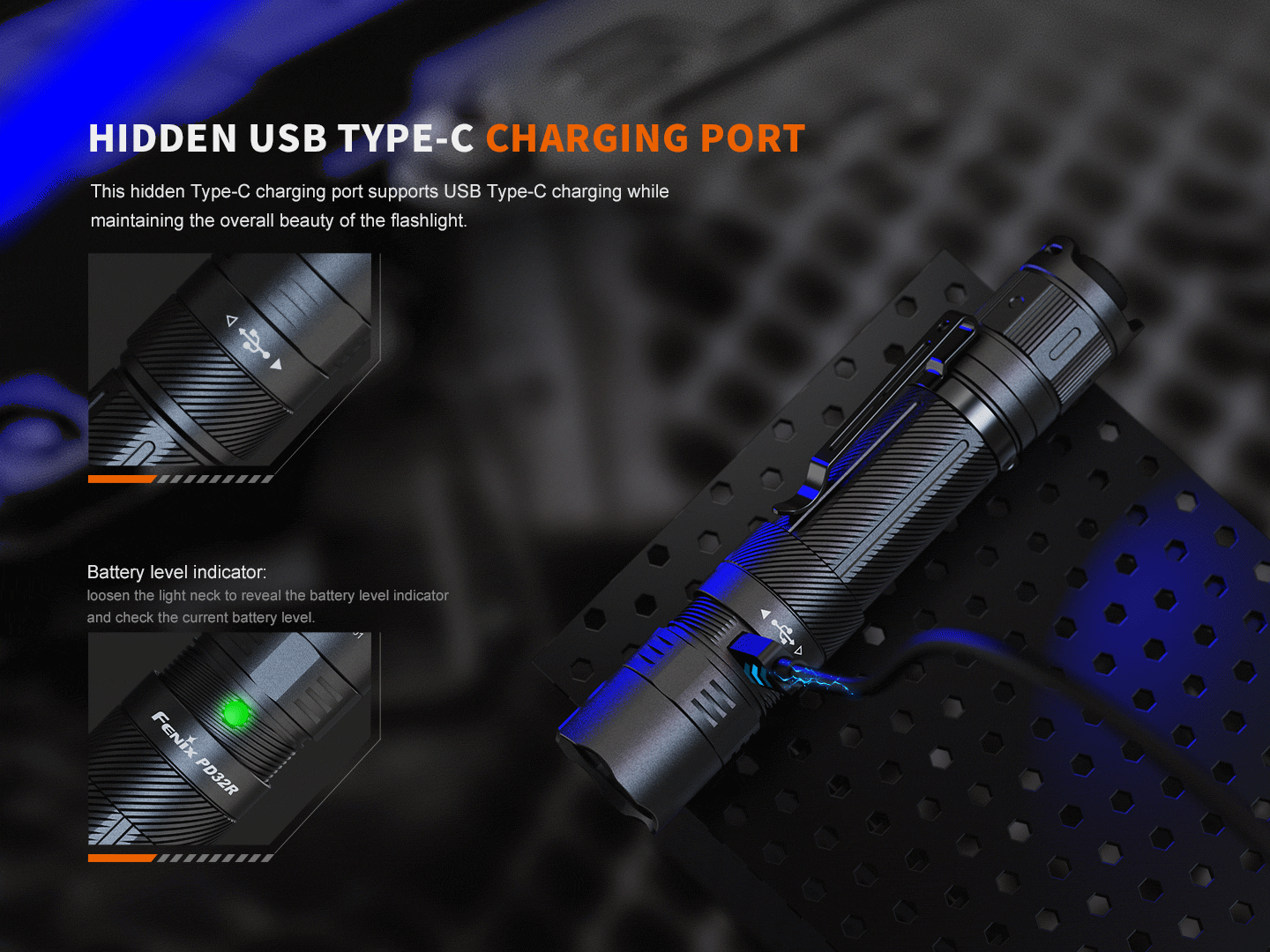 Fenix PD32R Rechargeable Silent Switch LED Flashlight in black with blue accents on Tampa Home & Garden Store