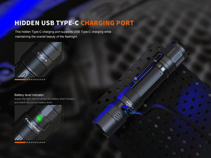Fenix PD32R Rechargeable Silent Switch LED Flashlight in black with blue accents on Tampa Home & Garden Store