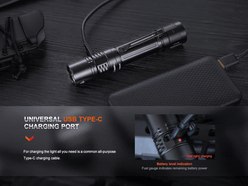 Fenix PD36R Pro tactical flashlight with black metal body and USB-C charging port on Tampa Home & Garden Store