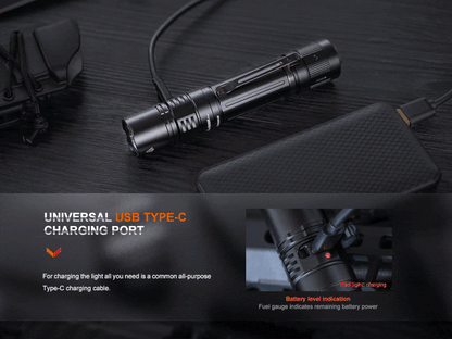 Fenix PD36R Pro tactical flashlight with black metal body and USB-C charging port on Tampa Home & Garden Store