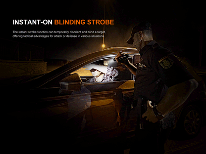 Fenix PD36R V2 tactical flashlight used by officer at night shining into car window on Tampa Home & Garden Store
