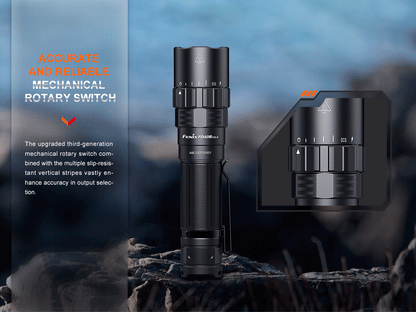 Fenix PD40R V3 rechargeable tactical flashlight, black aluminum body with mechanical rotary switch on Tampa Home & Garden Store