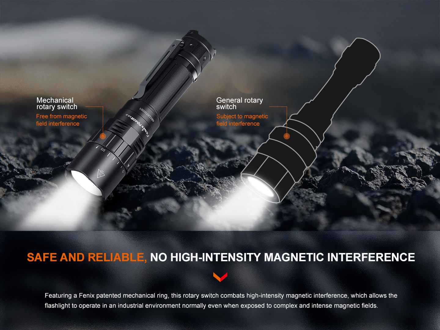 Fenix PD40R V3 Rechargeable Flashlight, black tactical aluminum body with rotary switch on Tampa Home & Garden Store