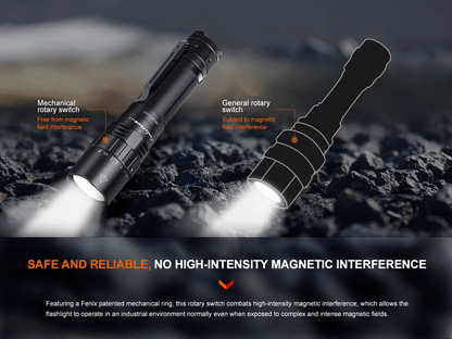 Fenix PD40R V3 Rechargeable Flashlight, black tactical aluminum body with rotary switch on Tampa Home & Garden Store