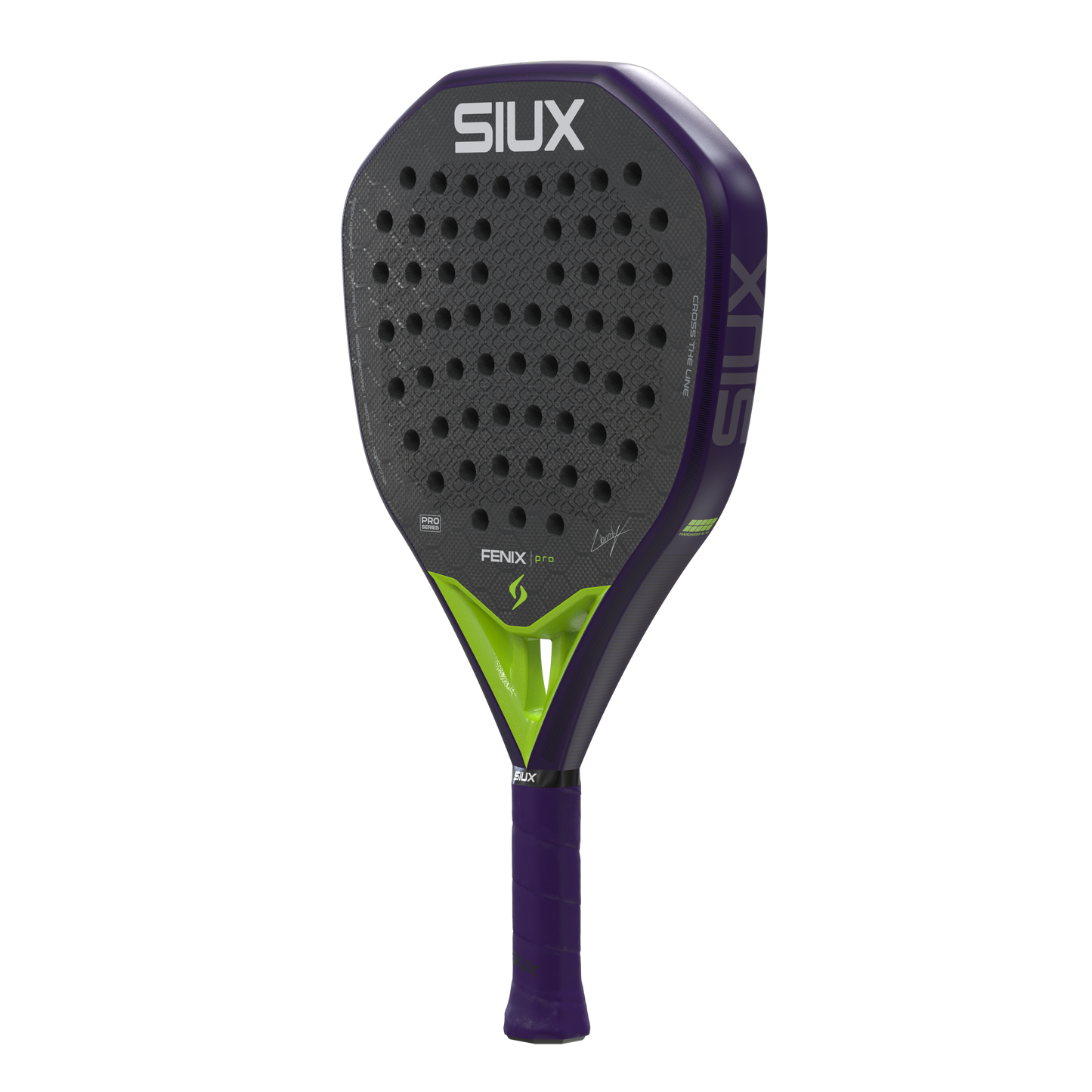 Siux Fenix Pro 2026 Glow Purple padel racket with gray perforated face and purple frame on Tampa Home & Garden Store