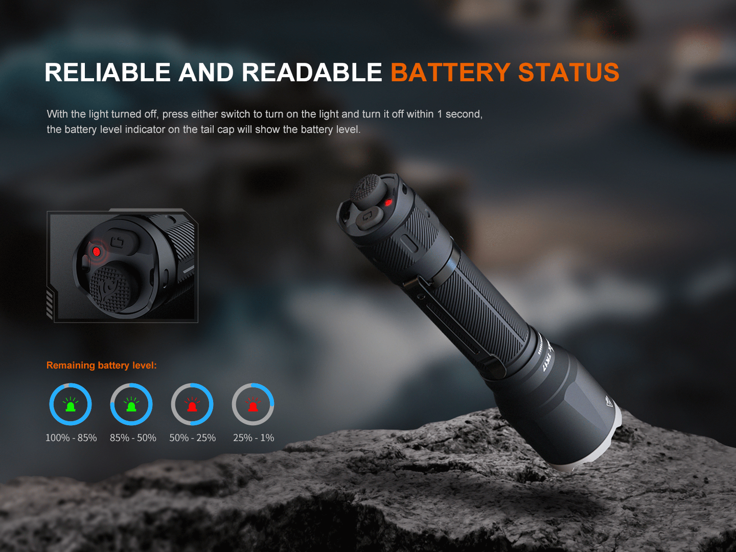 Fenix TK17 Dual Switch Tactical Flashlight, black handheld torch with textured grip on rocky surface on Tampa Home & Garden Store