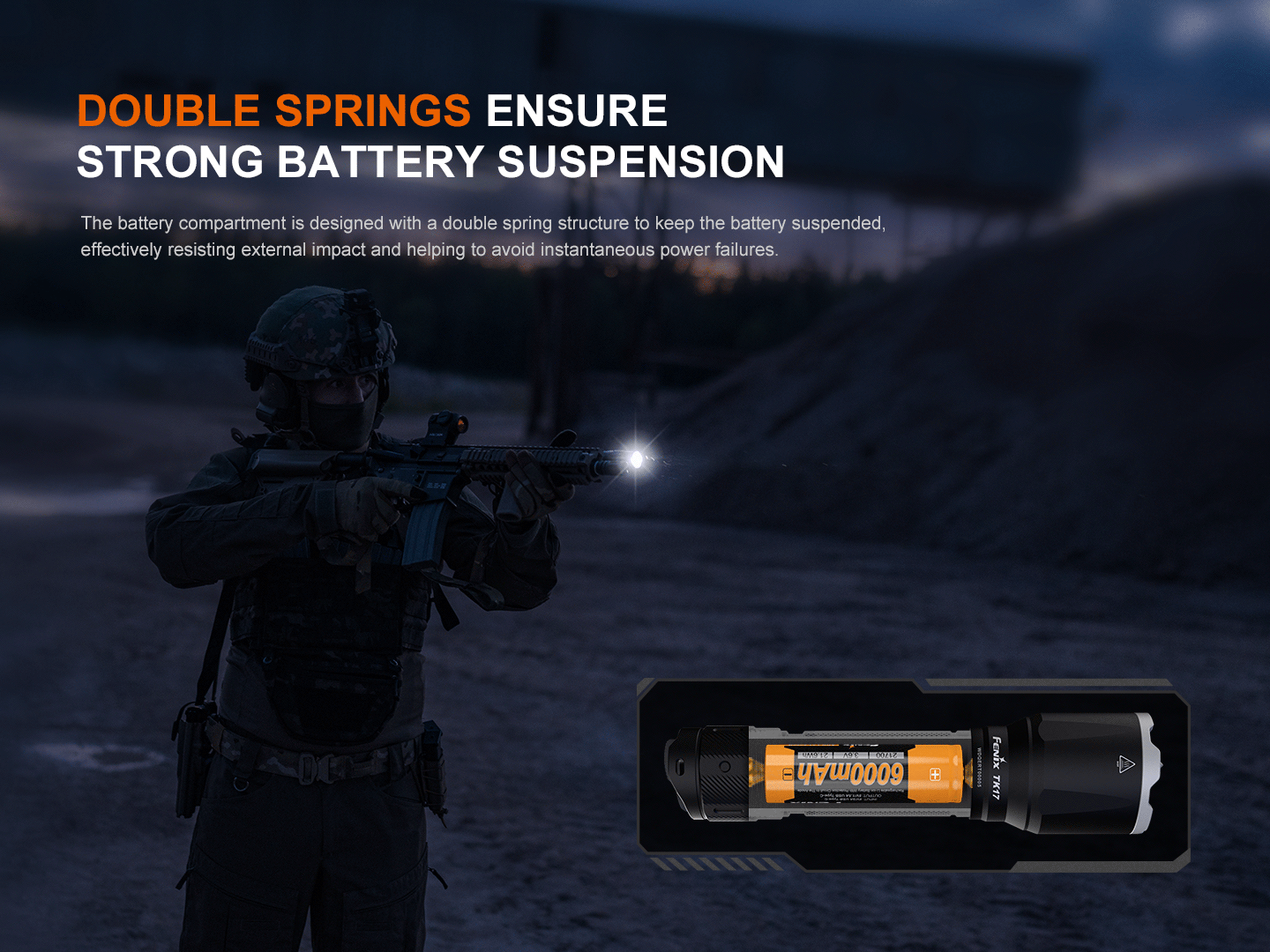 Fenix TK17 dual-switch tactical flashlight black body with visible orange 6000mAh battery on Tampa Home & Garden Store