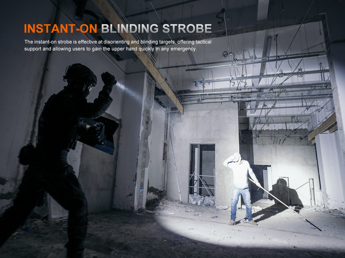 Fenix TK21R Duty Flashlight tactical handheld flashlight lighting a dark construction site on Tampa Home & Garden Store