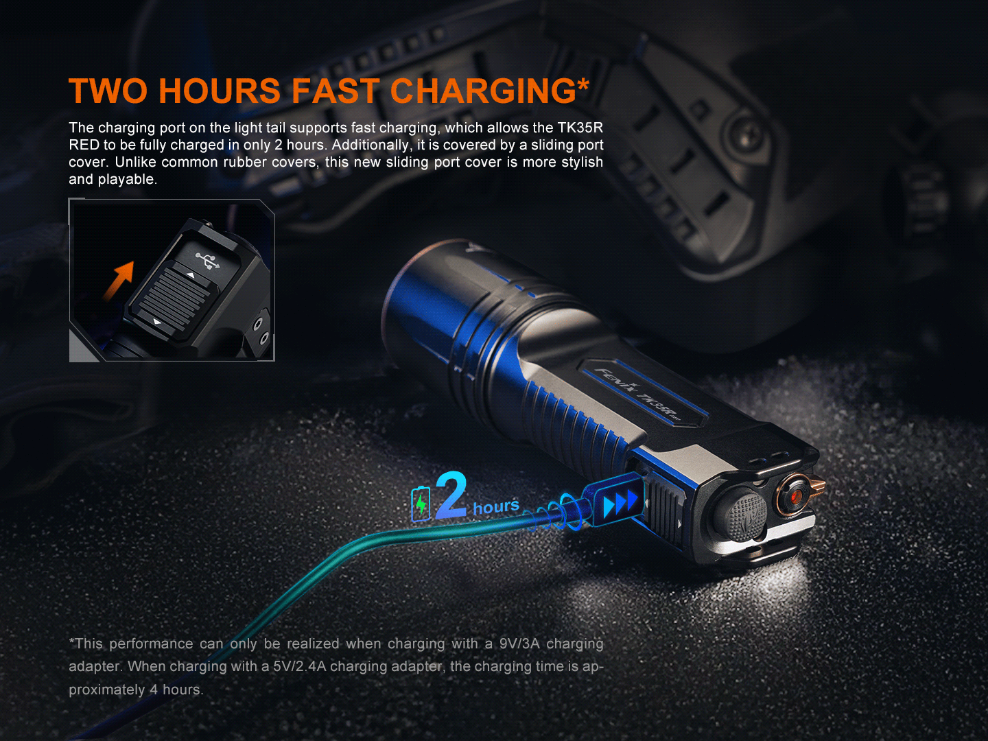 Fenix TK35R rechargeable tactical flashlight black with blue accents; USB charging on Tampa Home & Garden Store