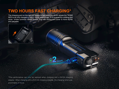 Fenix TK35R rechargeable tactical flashlight black with blue accents; USB charging on Tampa Home & Garden Store