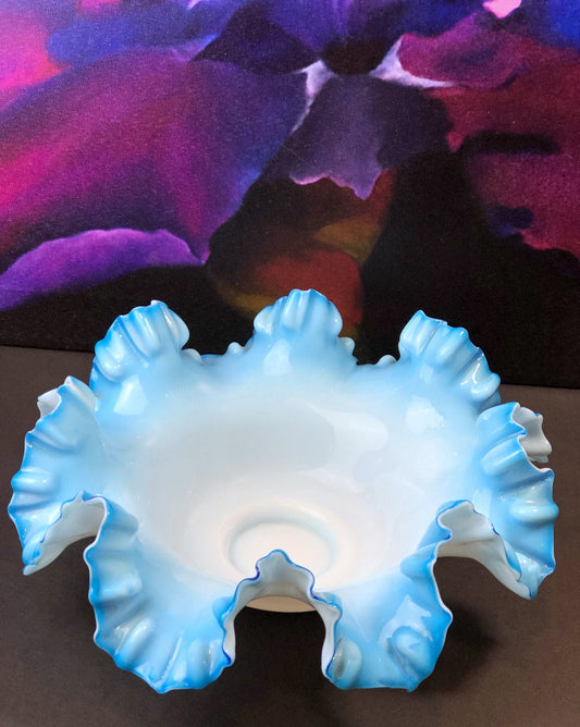 Fenton Blue Opalescent Glass Bowl with Ruffled Rim. Vintage Large Glass Bowl. - Tampa Home & Garden Store