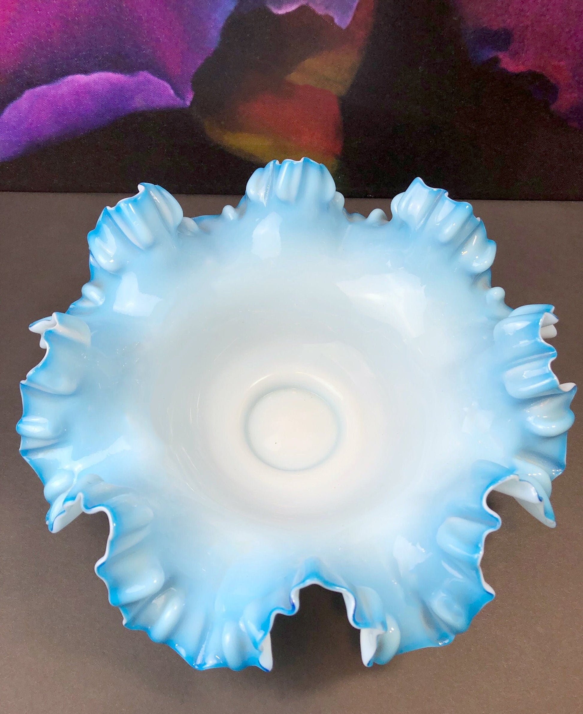 Fenton Blue Opalescent Glass Bowl with Ruffled Rim. Vintage Large Glass Bowl. - Tampa Home & Garden Store