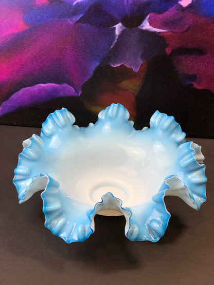 Fenton Blue Opalescent Glass Bowl with Ruffled Rim. Vintage Large Glass Bowl. - Tampa Home & Garden Store