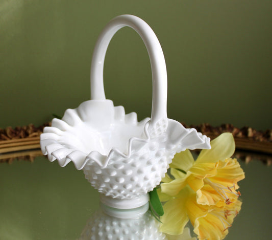 Fenton Crystal Basket. Milk Glass Hobnail Pattern Basket with Ruffled Rim.  Colectible Home  or Wedding Milk Glass. - Tampa Home & Garden Store