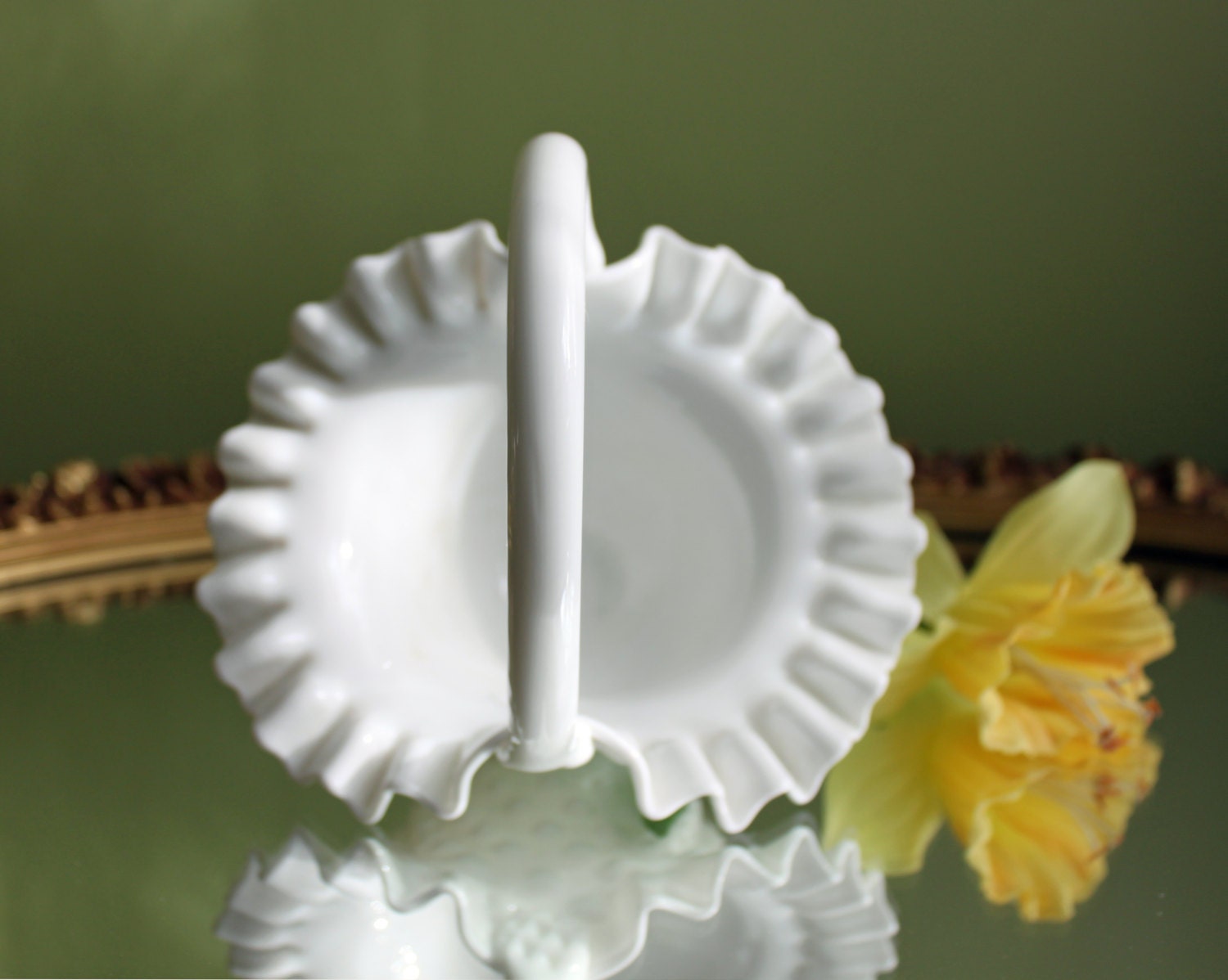 Fenton Crystal Basket. Milk Glass Hobnail Pattern Basket with Ruffled Rim.  Colectible Home  or Wedding Milk Glass. - Tampa Home & Garden Store