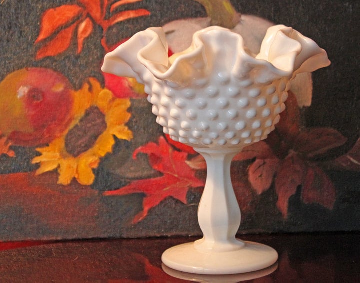 Fenton Milk Glass Compote. White, Footed, Hobnail Bowl with Scalloped and Ruffled  Rim. - Tampa Home & Garden Store