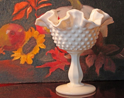 Fenton Milk Glass Compote. White, Footed, Hobnail Bowl with Scalloped and Ruffled  Rim. - Tampa Home & Garden Store