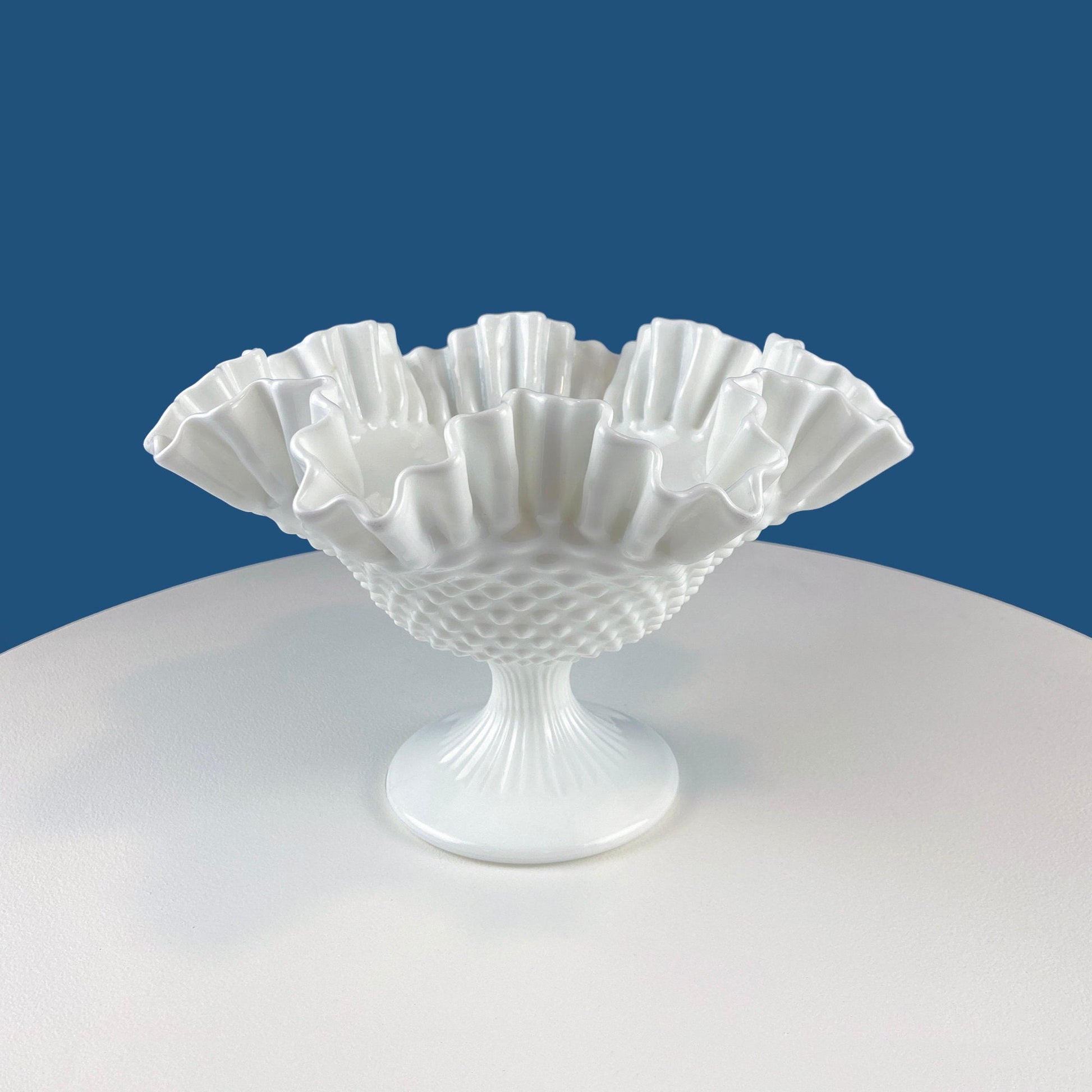 Fenton Milk Glass Hobnail Footed Bowl with Ruffled Edge. Collectible Compote. White Serving Dish. Dining Room Decor. Table Centerpiece. - Tampa Home & Garden Store