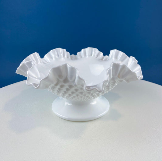 Fenton Milk Glass Hobnail Footed Bowl with Ruffled Edge. Vintage Collectible White Fruit Serving Dish. Dining Room Decor. Table Centerpiece. - Tampa Home & Garden Store