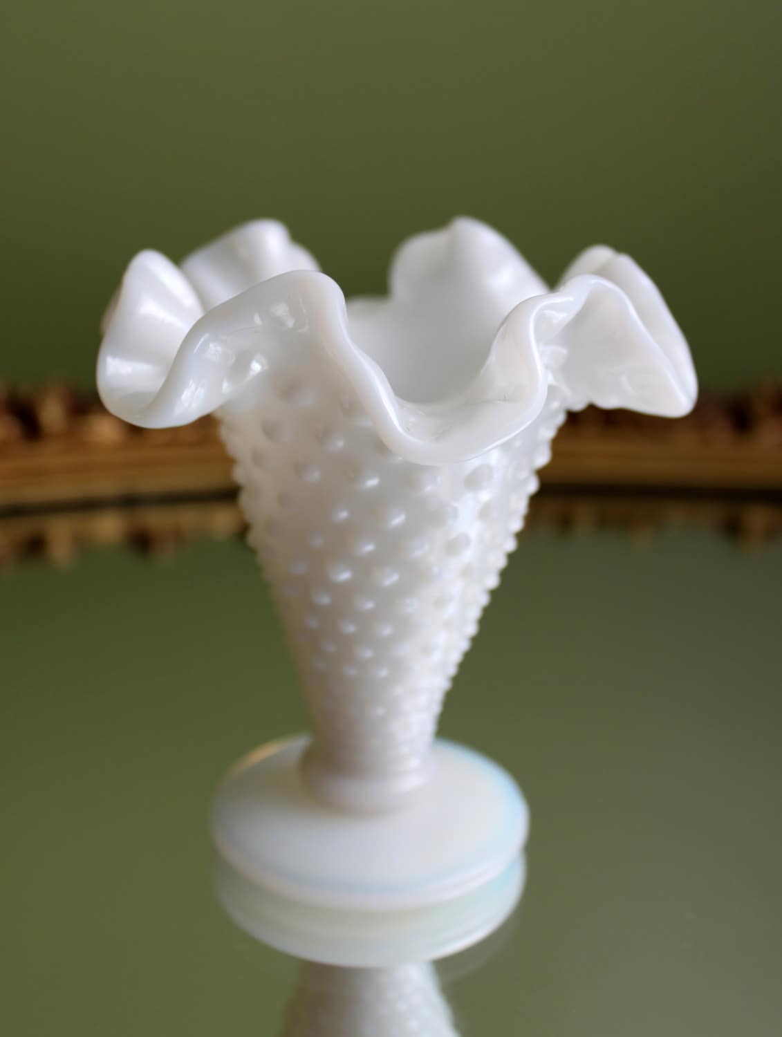 Fenton Milk Glass Vase.  Small Vase with Hobnail Pattern. Vase with Graded Hobnail, Ruffled and Scalloped Rim. - Tampa Home & Garden Store