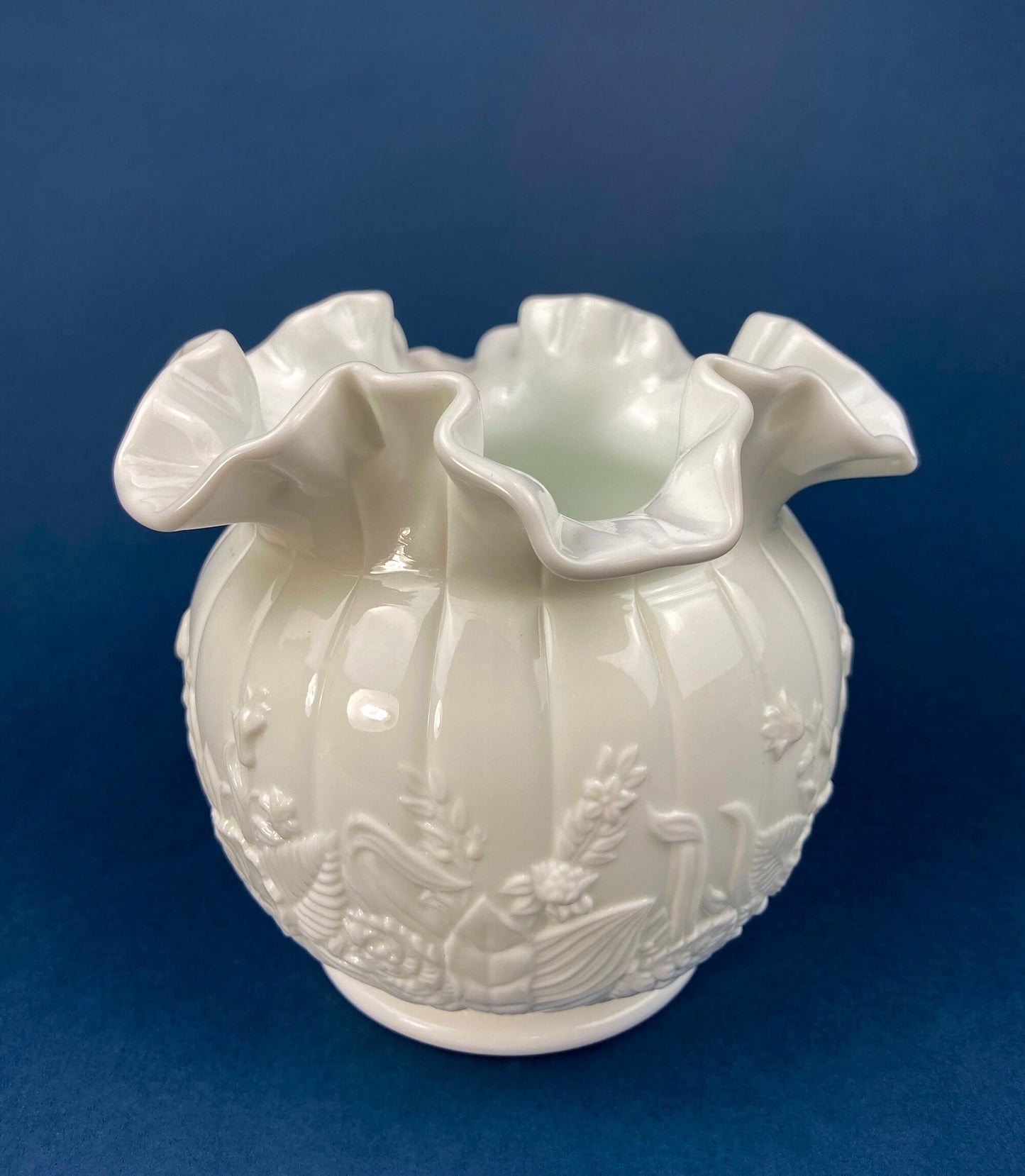 Fenton Milk Glass Vase. Vase with Embossed Wild Flowers and Ruffled Edge. White Bedroom Decor. Collectible Milk Glass. - Tampa Home & Garden Store