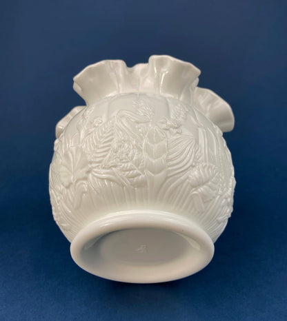 Fenton Milk Glass Vase. Vase with Embossed Wild Flowers and Ruffled Edge. White Bedroom Decor. Collectible Milk Glass. - Tampa Home & Garden Store