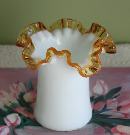 Fenton Milk Glass Vase or Jar with Clear Amber Crest Ruffled Edge - Tampa Home & Garden Store