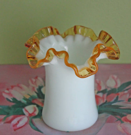 Fenton Milk Glass Vase or Jar with Clear Amber Crest Ruffled Edge - Tampa Home & Garden Store
