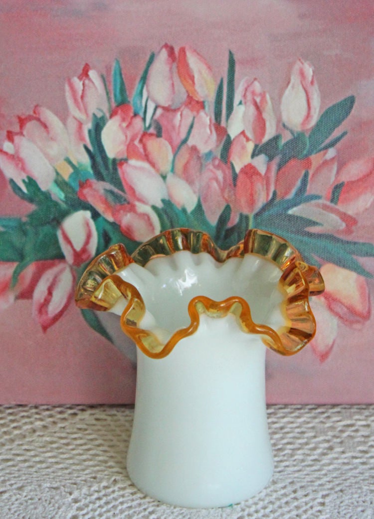 Fenton Milk Glass Vase or Jar with Clear Amber Crest Ruffled Edge - Tampa Home & Garden Store