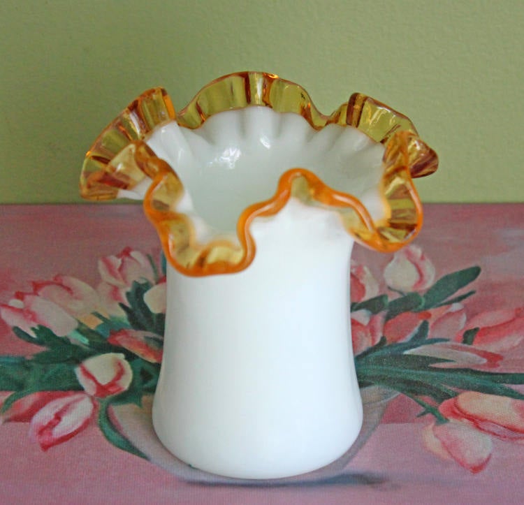Fenton Milk Glass Vase or Jar with Clear Amber Crest Ruffled Edge - Tampa Home & Garden Store