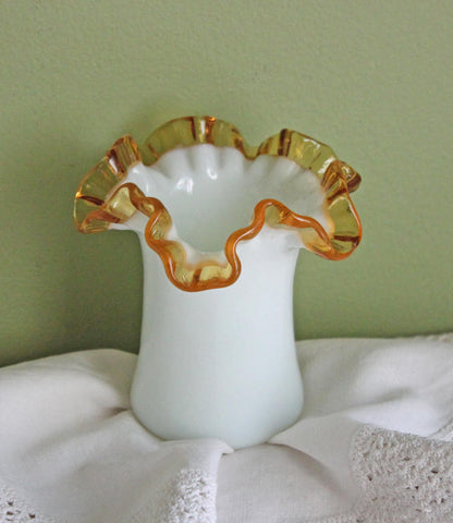 Fenton Milk Glass Vase or Jar with Clear Amber Crest Ruffled Edge - Tampa Home & Garden Store