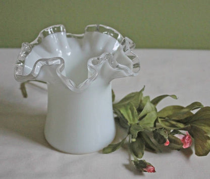 Fenton Milk Glass Vase or Jar with Clear Amber Crest Ruffled Edge - Tampa Home & Garden Store