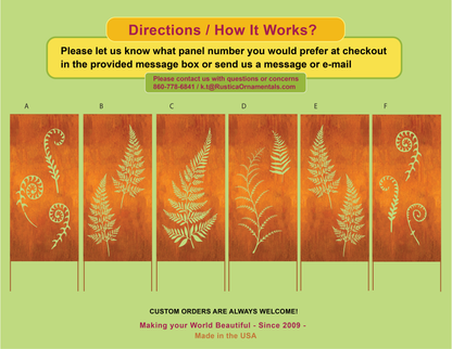 Garden fencing metal wall art privacy panels by Rustica; ferns on orange wood grain A–F on Tampa Home & Garden Store