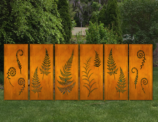 Outdoor six-panel privacy panels Rustica Ornamentals rust-orange steel with fern leaf cutouts on Tampa Home & Garden Store