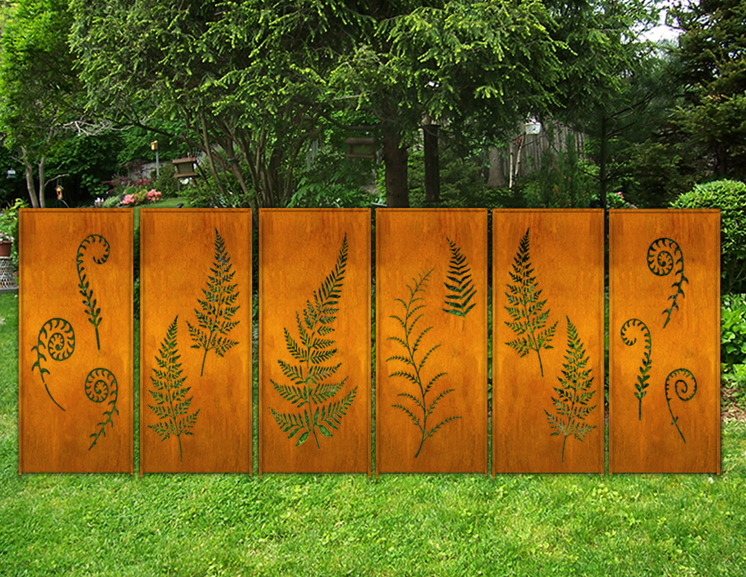 Garden Fencing / Metal Wall Art 46in, Rustica Ornamentals privacy panels with fern cutouts on wood on Tampa Home & Garden Store