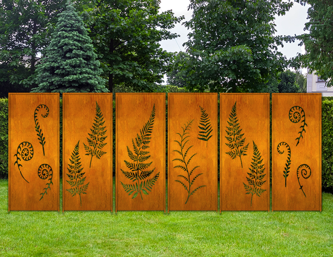 Rust orange metal garden fencing privacy panels by Rustica Ornamentals with fern motifs, 6 panels on Tampa Home & Garden Store