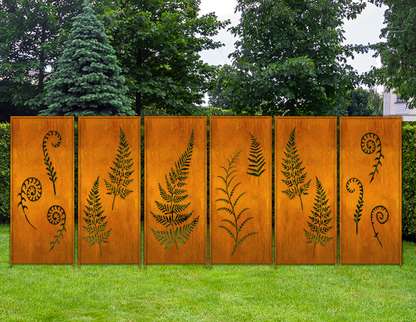 Rust orange metal garden fencing privacy panels by Rustica Ornamentals with fern motifs, 6 panels on Tampa Home & Garden Store