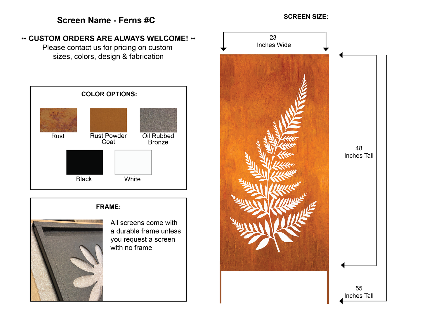 Rust metal wall art privacy panel by Rustica Ornamentals, rust finish fern motif, 46x23 in on Tampa Home & Garden Store