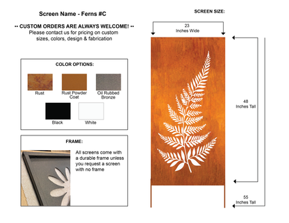 Rust metal wall art privacy panel by Rustica Ornamentals, rust finish fern motif, 46x23 in on Tampa Home & Garden Store