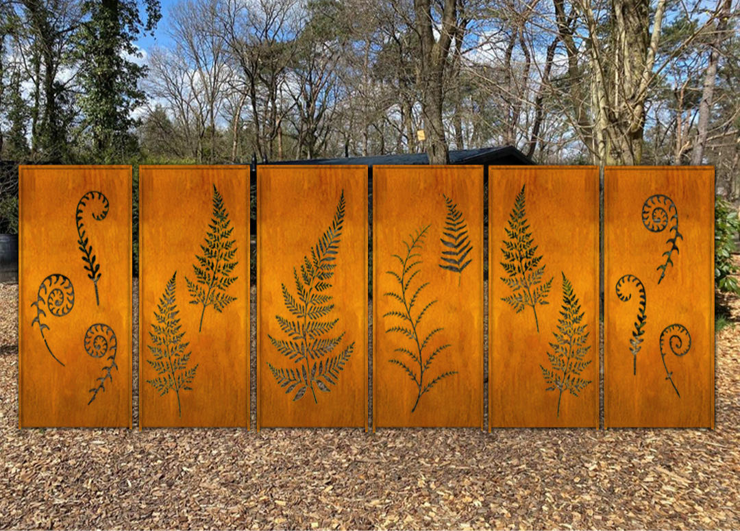 7-panel rust-orange metal privacy screens with fern leaf designs by Rustica Ornamentals on Tampa Home & Garden Store