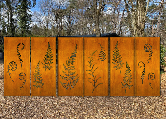 7-panel rust-orange metal privacy screens with fern leaf designs by Rustica Ornamentals on Tampa Home & Garden Store