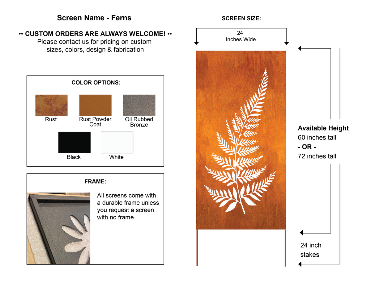 Outdoor metal privacy panel by Rustica Ornamentals in rust finish with fern motif; available 60 or 72 inches tall on Tampa Home & Garden Store
