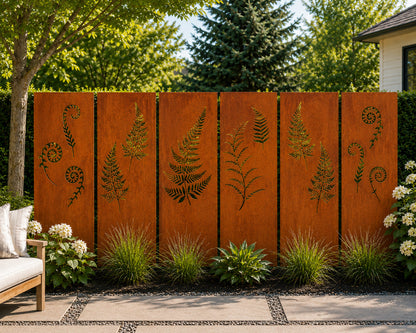 7-panel rust-colored metal privacy panels by Rustica Ornamentals with fern & spiral cutouts on Tampa Home & Garden Store