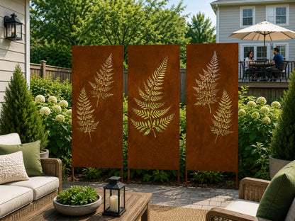 Outdoor metal privacy panels Rustica, rust steel with fern silhouettes, 60–72 in, set of 3 on Tampa Home & Garden Store