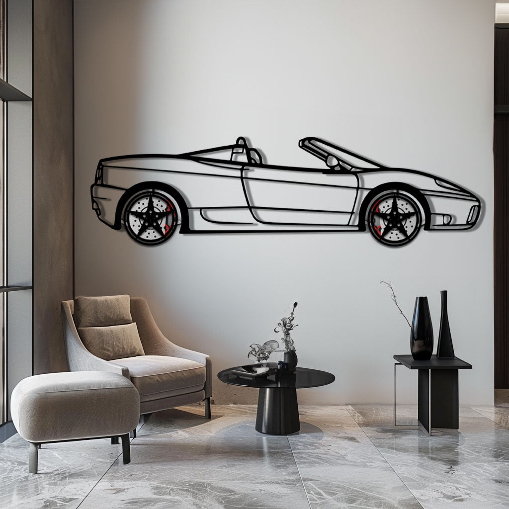 Ferrari 360 Spider Metal Car Wall Art with Rotating Wheels - Italian Convertible Supercar Silhouette - Interactive Automotive Wall Decor - KAFMEKA123 - Tampa Home & Garden Store